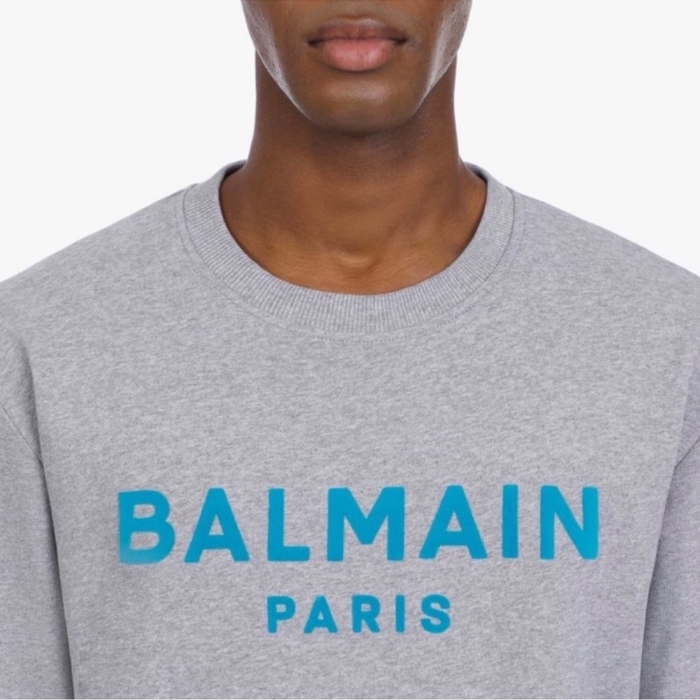 Balmain Paris Flock Blue Logo Spellout Pullover Sweatshirt in Grey Blue